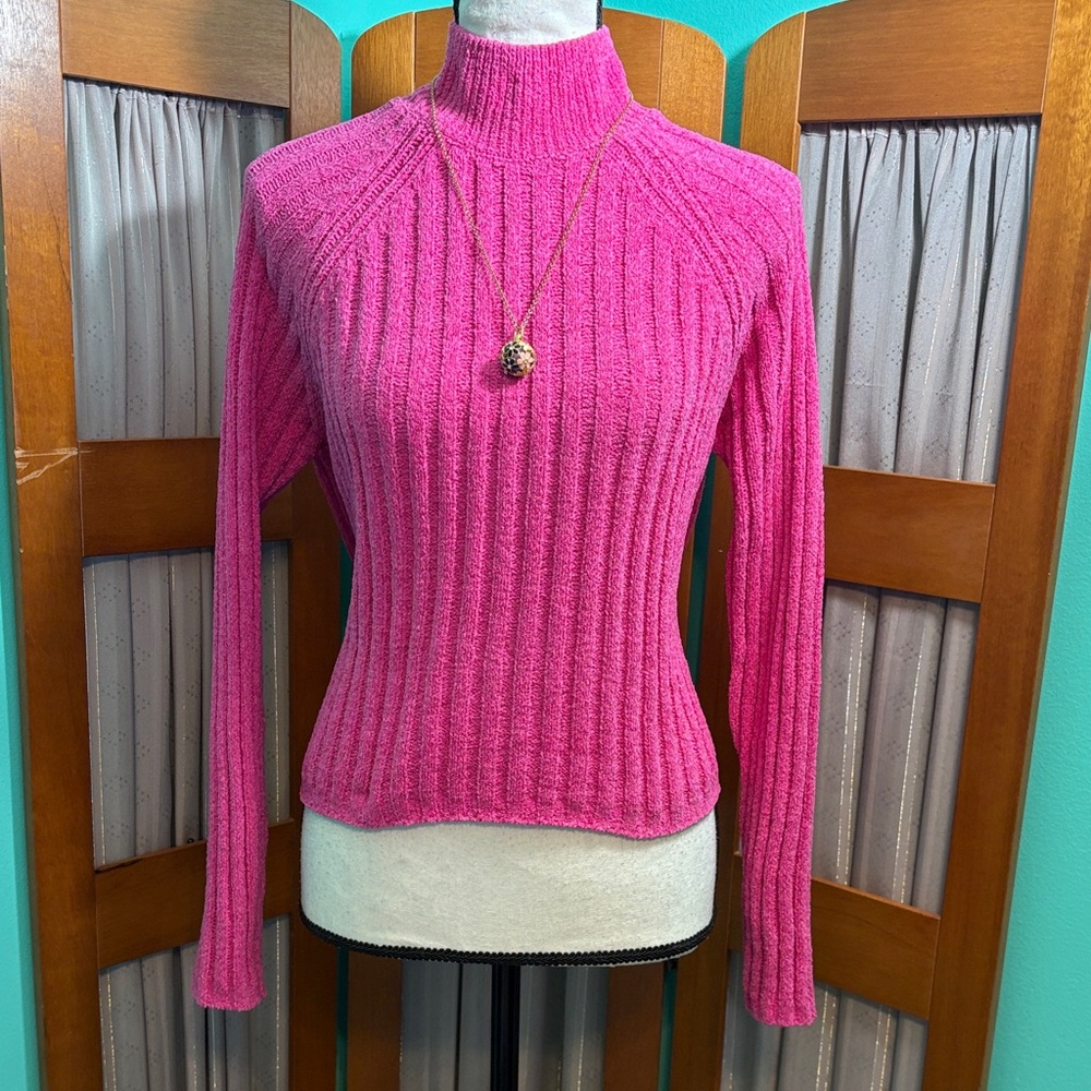 Pink Rose Vibrant Pink Ribbed Turtleneck Sweater